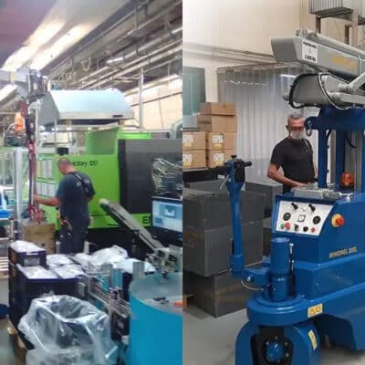 Mobile crane for changing moulds of plastic test tubes and medical devices